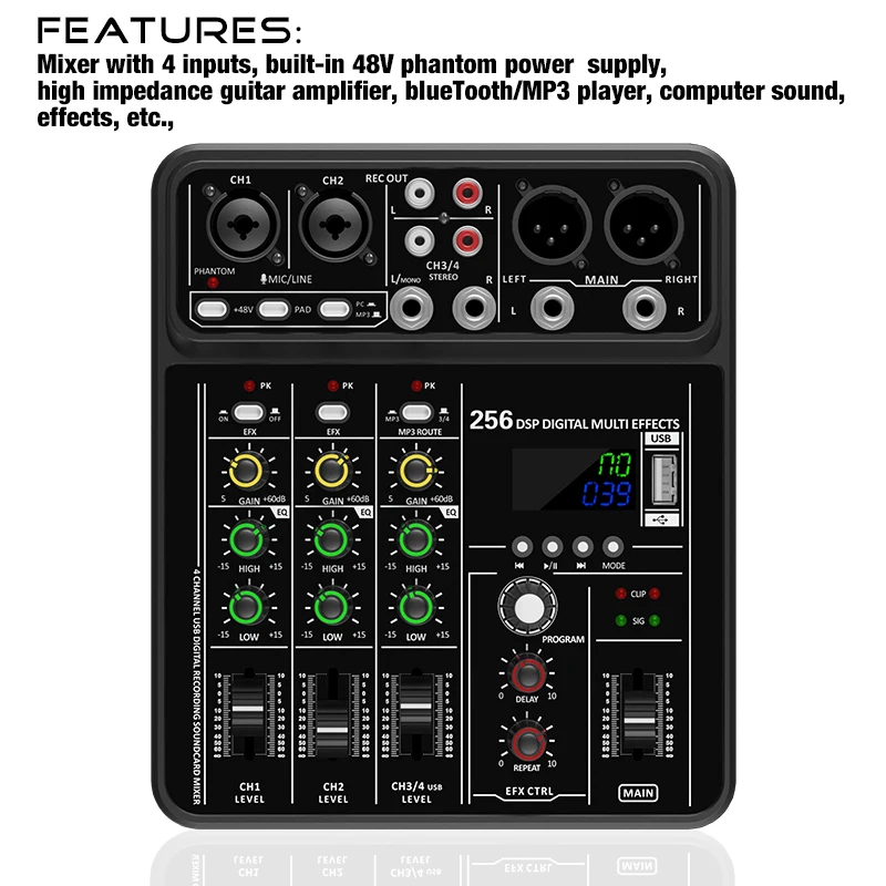 4 Channel  Audio Mixer 48V Phantom Power USB Studio Sound Mixers Bluetooth DJ Console Mixing for Karaok