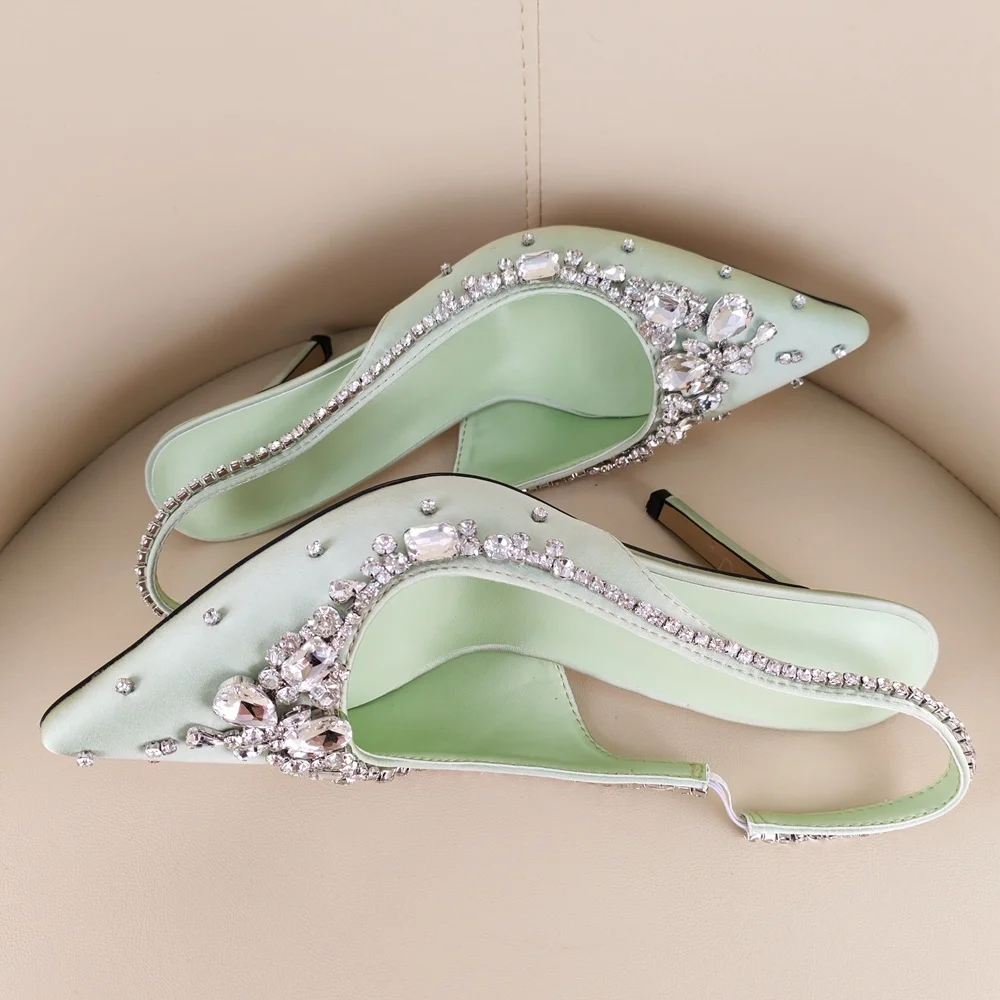 

Rhinestone Cluster Light Green Satin Women Pointed Toe Slingback Stiletto High Heels Pumps Sandals Summer Fashion Backless Shoes