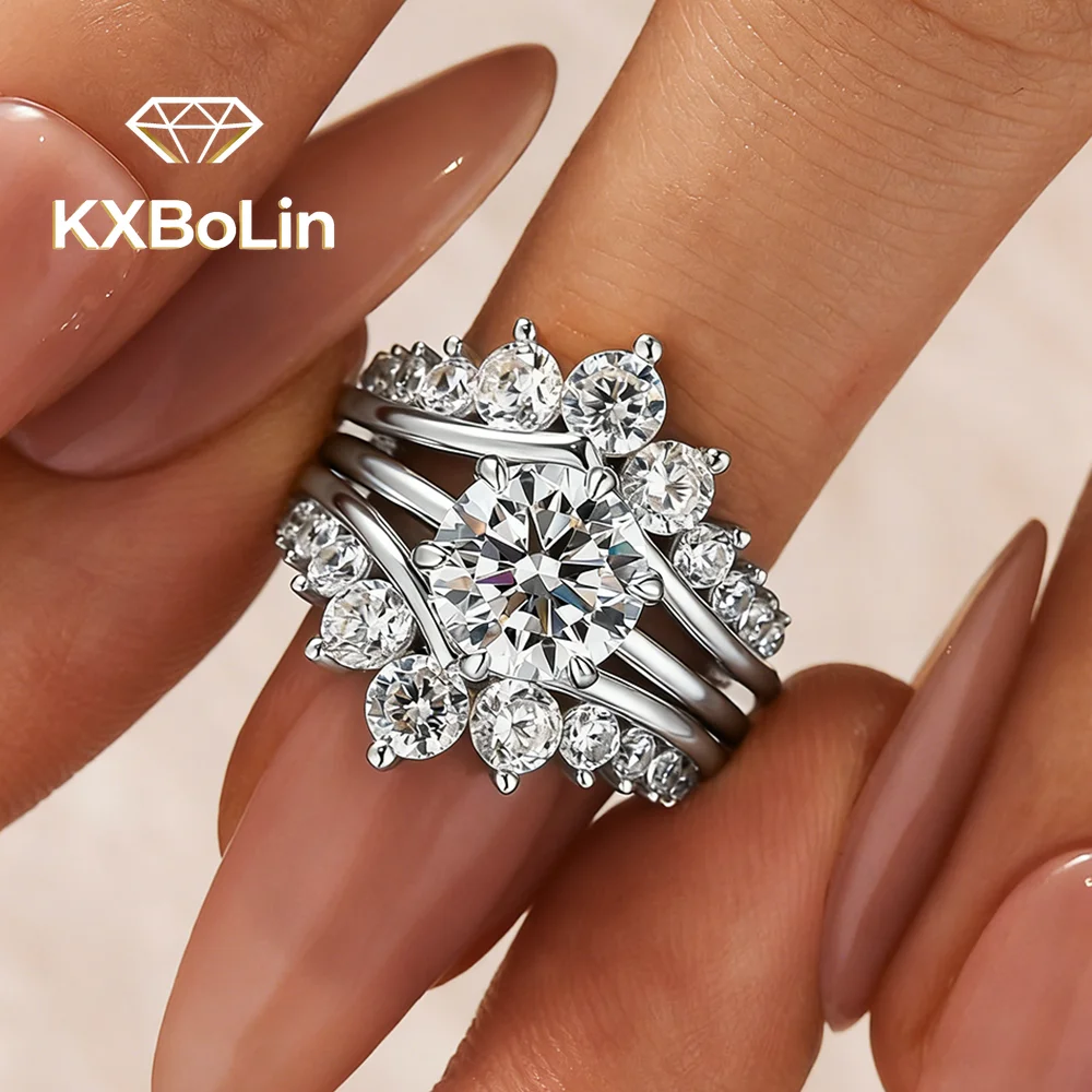 

3-Piece Crown Full Moissanite Engagement Ring Set For Women 3carat Round Diamond Wedding Band S925 Silver Fine Jewelry Gift