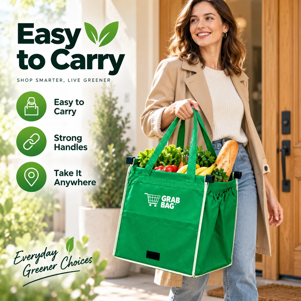 Borsa riutilizzabile per la spesa, 37x35 cm, pieghevole, con manici, grande capacità, ideale per supermercati, per riporre oggetti in auto, per la spesa a casa.