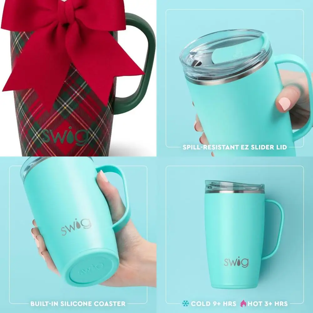 

18 oz Insulated Travel Mug with Handle, Lid, and Cup Holder - Stainless Steel, Reusable Plaid Design