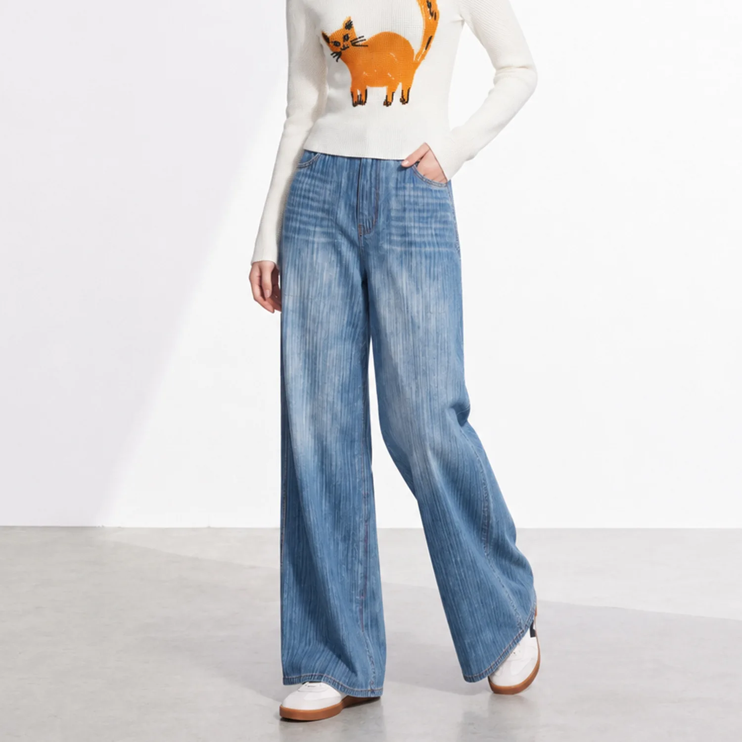 Miyake Pleated Women Blue Gradient Wide Leg Jeans, High Waist Loose Straight Denim Pants Vertical Wash Casual Trousers