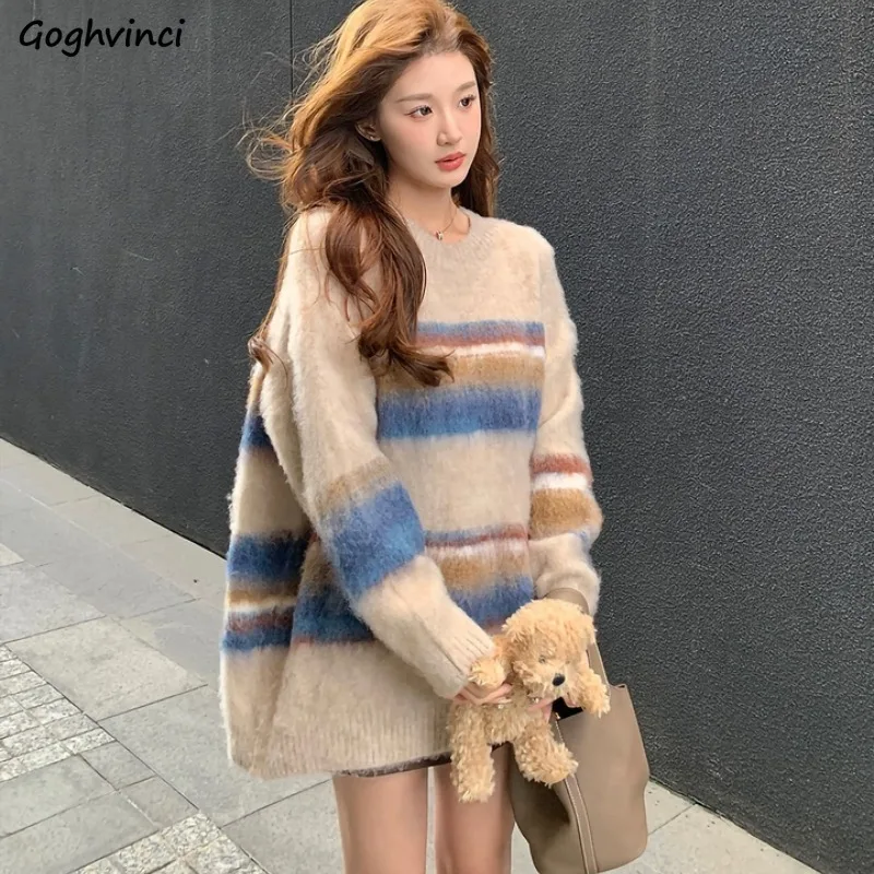 

Pullovers Women Gentle Soft Cozy Daily Striped Design Young Students All-match Korean Fashion Knitted Sweaters Popular Autumn