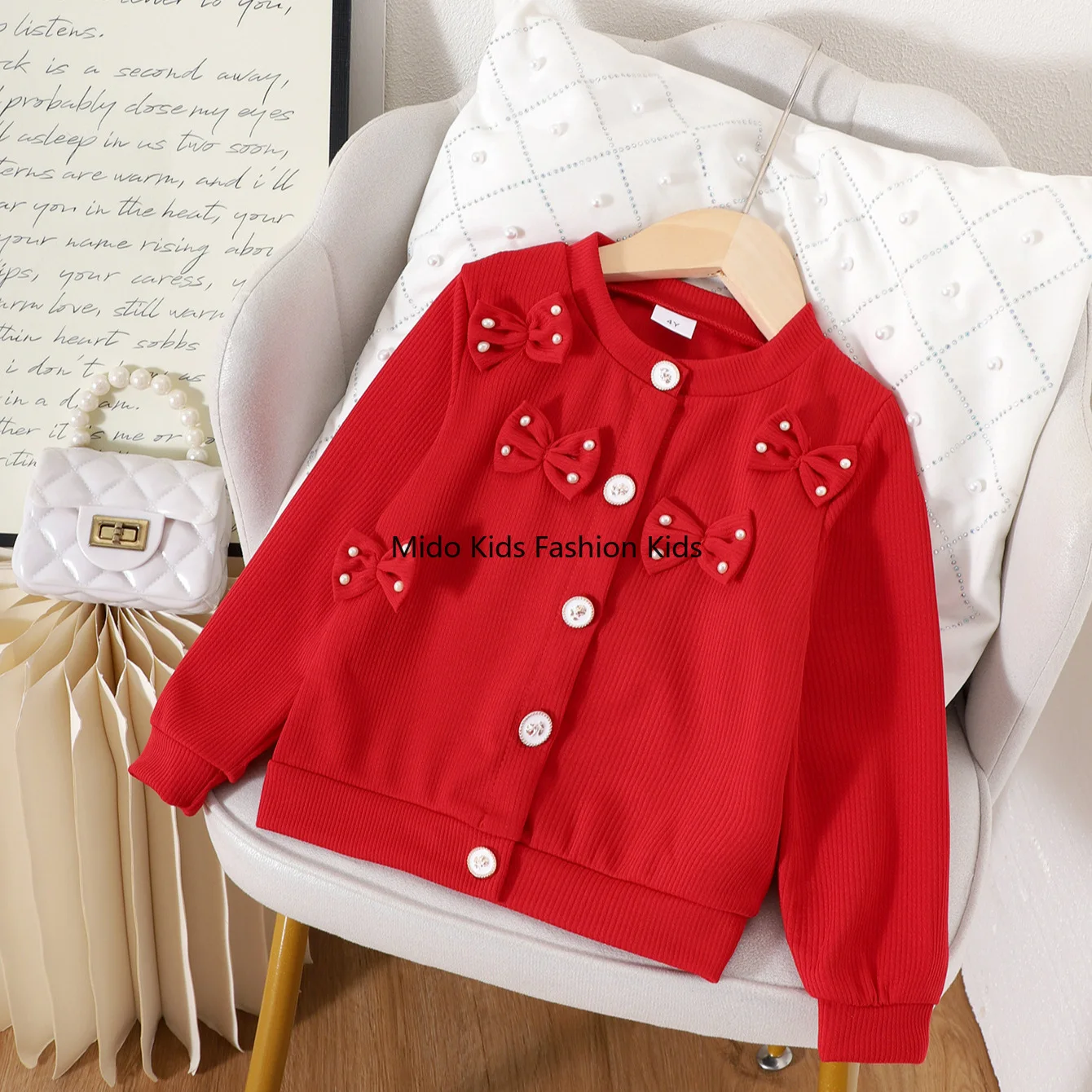 

New Autumn Collection Bow-Detail Red Long-Sleeved Jacket for Young Children in Europe and America 4-7Y