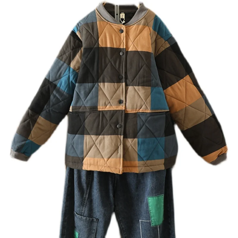 Thiened Cotton Jaet met Cotton Sandwich Diamond Pattern Grote maat Dames Faionable Busin Sle Long Sve Stand...