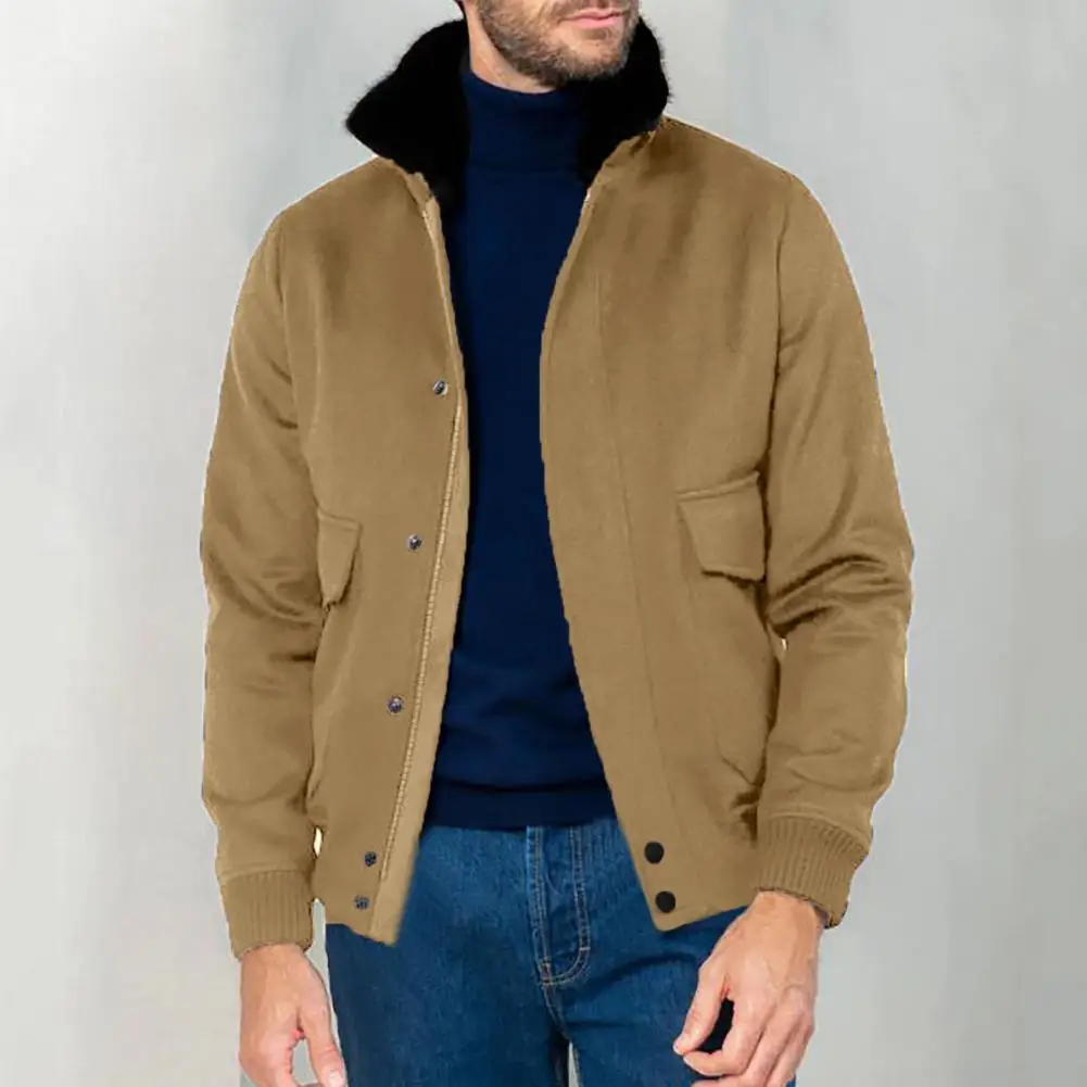 Retro-inspired Outerwear Men's Plush Stitching Lapel Jacket Coat with Flap Pockets Solid Color Woolen Outwear for Autumn Winter