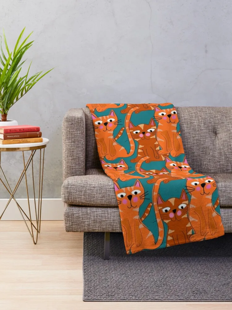 Hank and Larry, Orange Tabby Cats Illustration Pattern, Teal Turquoise Background Throw Blanket Hairy Soft Plaid Blankets