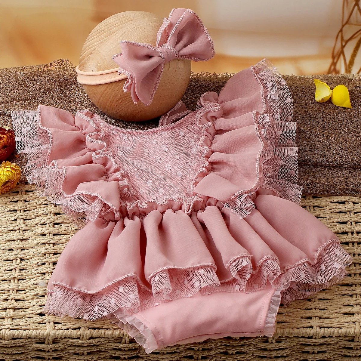 Ylsteed 2 Pieces Set Dusty Pink Chiffon Newborn Romper with Bow Hairband Dot Lace Baby Photography Outfits