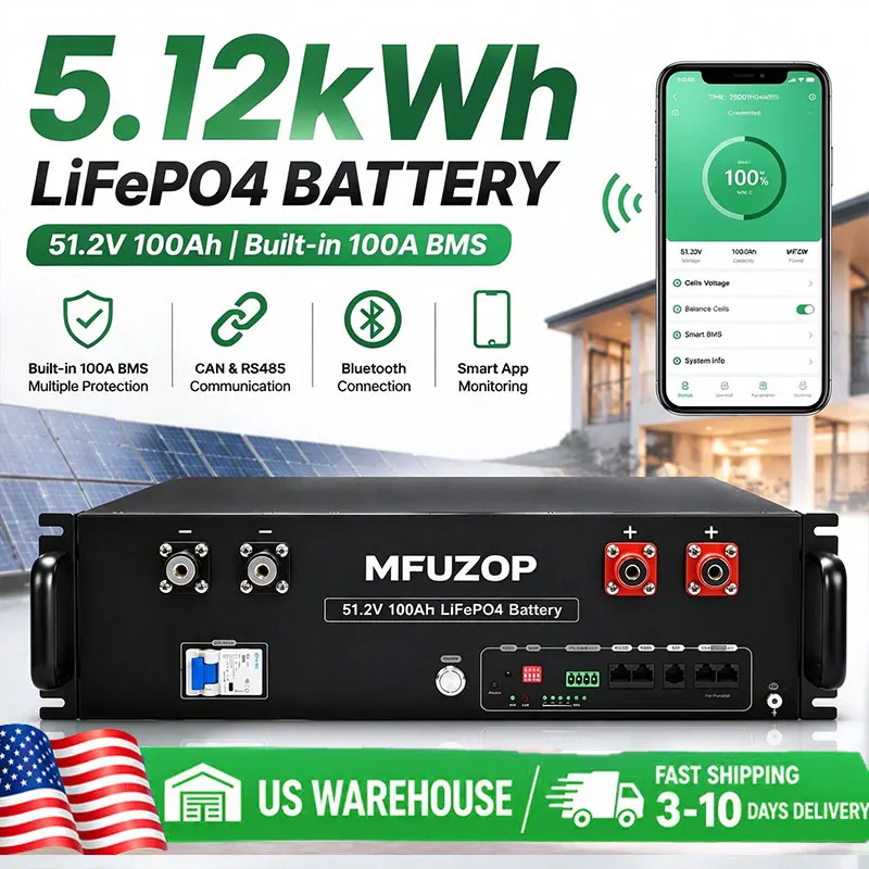 MFUZOP 48V 100Ah LiFePO4 Battery for Solar Energy Storage 5.12kWh 6000+ Cycles CAN/RS485 Up to 15 Units in Parallel US Store Fast Delivery