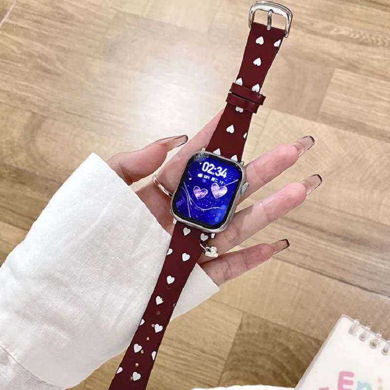 

Love Hearts Leather Band for Apple Watch Band 38 40 42 44 45 46 49mm Bracelet Cute Print Girls Strap for iWatch S11 10 9 8 7 6 5