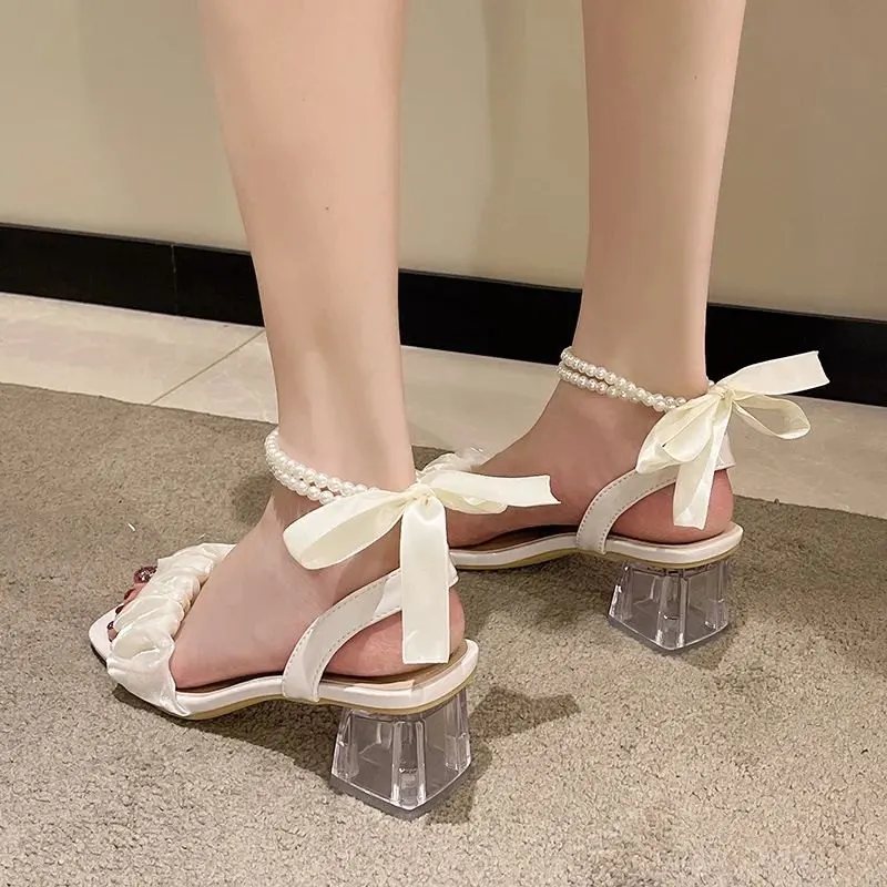 New Sandals Women 2024 Fashion Open Toed Heels Women Pearl Lace Up Women Shoes Party Wedding Chunky Heels Pumps Crystal heels