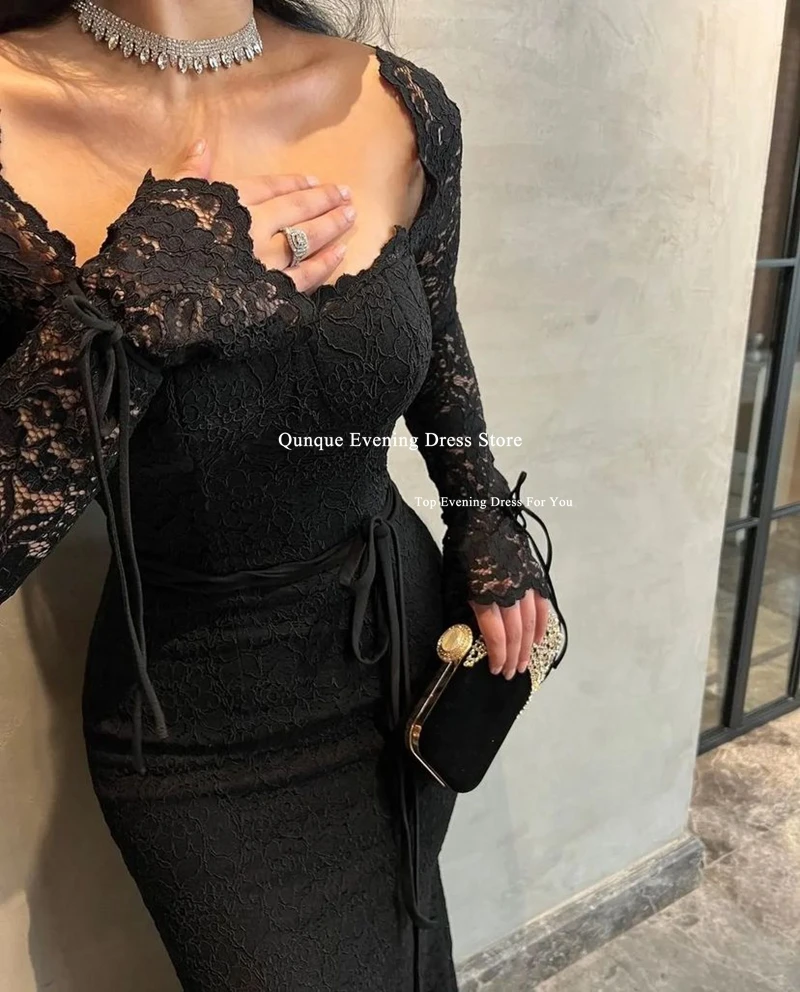 Qunque Sexy Lace Long Mermaid Prom Dress Black Party Evening Gown Dress With Jacket Celebrity Customized Cocktail Robe De Mariée