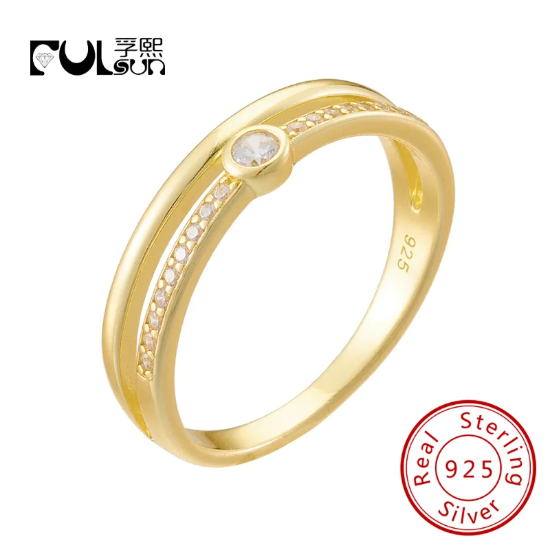 FULSUN Original Design Minimalist Single Stone Double Layer Ring 925 Sterling Silver 14k Gold Plated Trend Ring for women