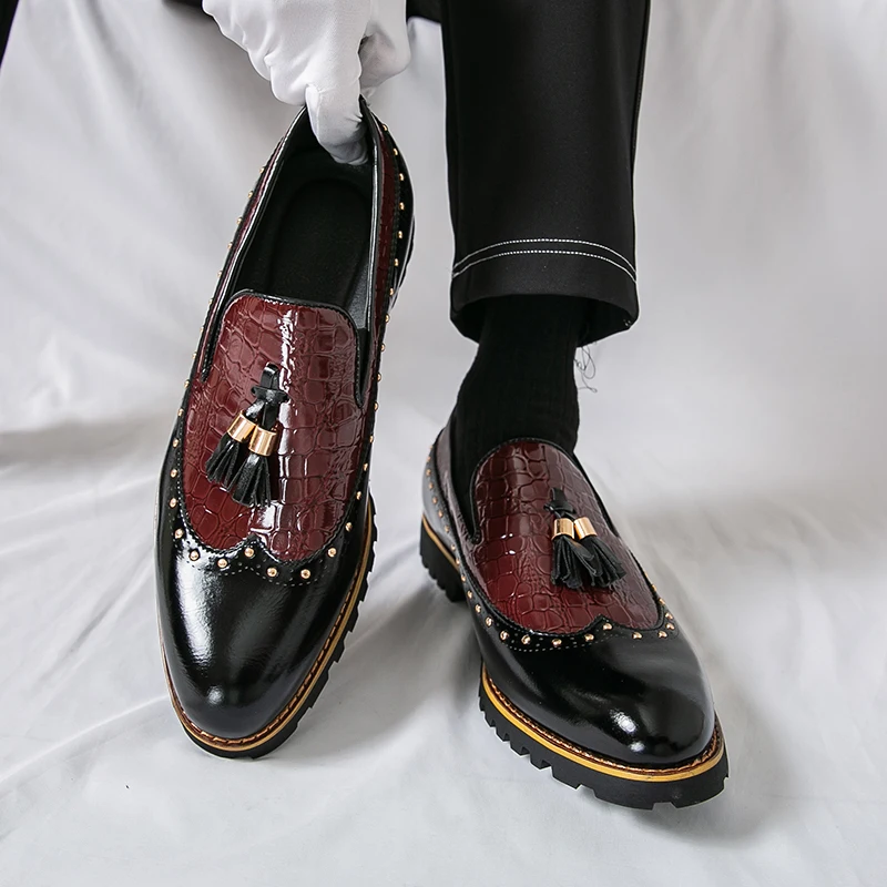 

Men Loafers PU Splicing Rivets Tassel Decoration Business Banquet Wedding Men Shoes