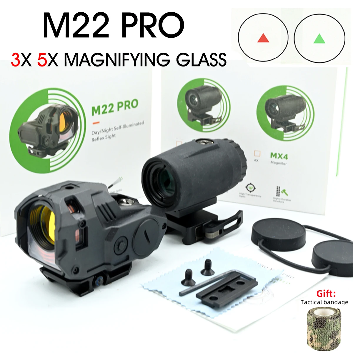 Original M22 PRO&MX3 Tactical Optics Holographic Scope Sight Red/Green Real Fiber Reflex Sight with 3x/5x Magnifier Scope