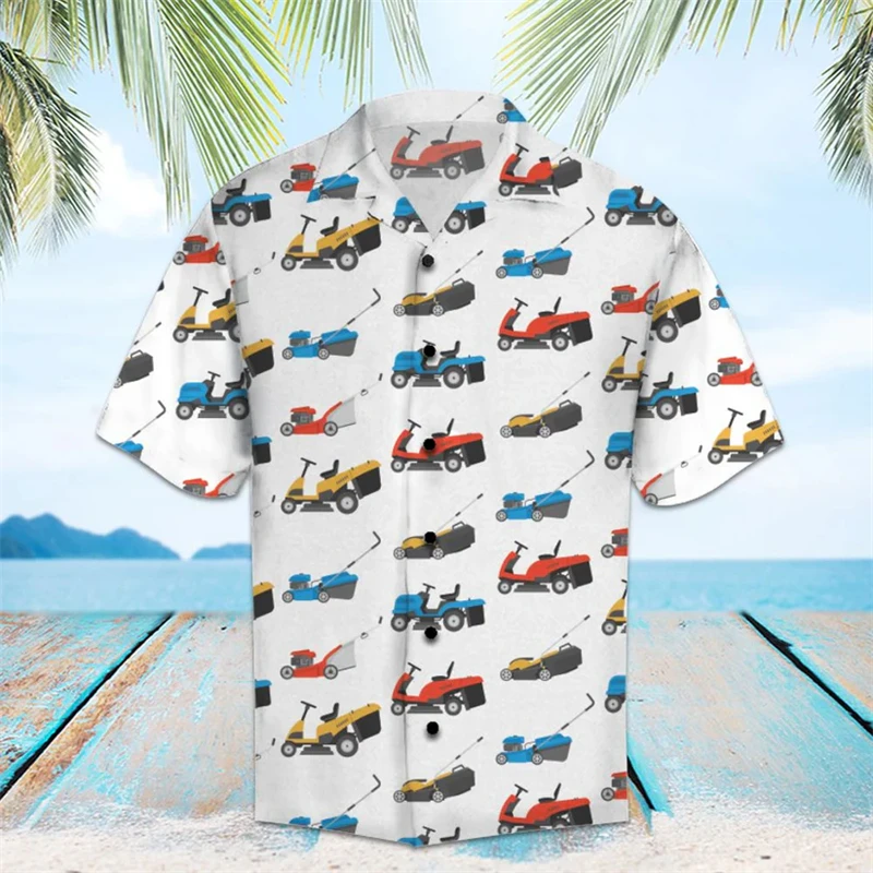 

Retro Lawn Mower Pattern Hawaiian Shirts For Men Summer Fashion Short Sleeve 3D Printed Lapel Shirt Casual Oversized Blouses