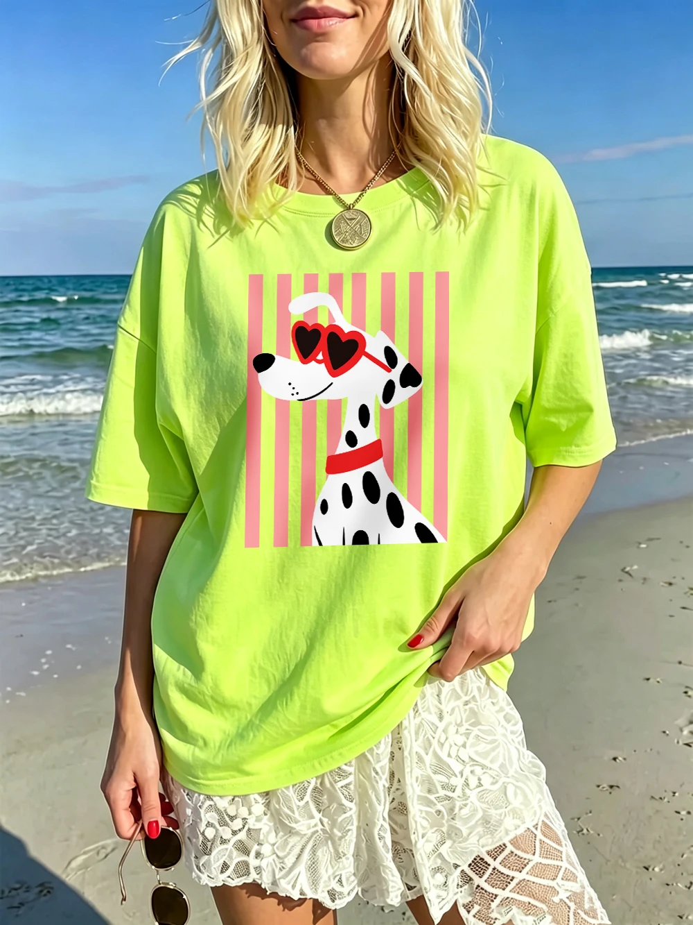Herzförmige Sonnenbrillen Dalmatiner-Hundemotiv T-Shirts Damen Baumwolle Sommer Übergroße Oberteile O-Ausschnitt Kurzarm-T-Shirts Weiche Streetwear – Detail 18
