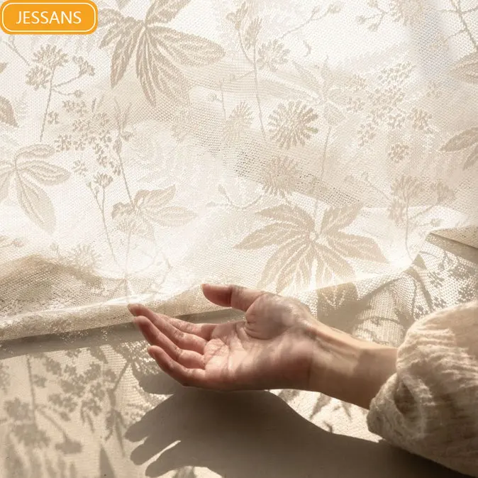 New Maple Leaf Jacquard Hollow Out Cream Window Screen Curtains for Living Room Bedroom Balcony French Window Customized