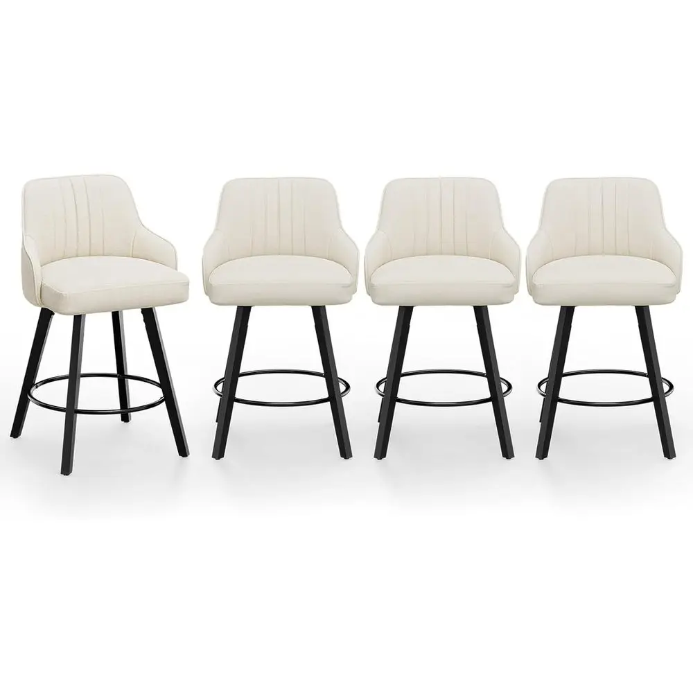 

Set of 4 Swivel Bar Stools, Linen Upholstery, Backrest, Cushioned, Beige Counter Height Chairs with Solid Wood Legs