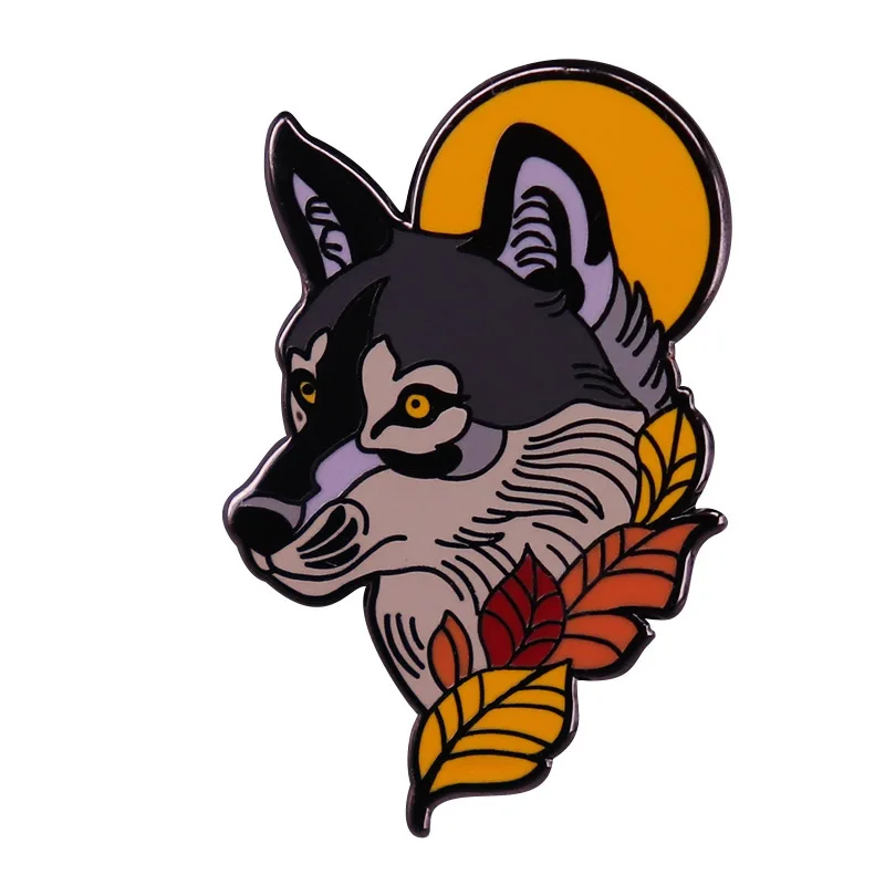 Full Moon Wolf and Fallen Leaves Enamel Pin Animal Autumn Art Jewelry Accessories