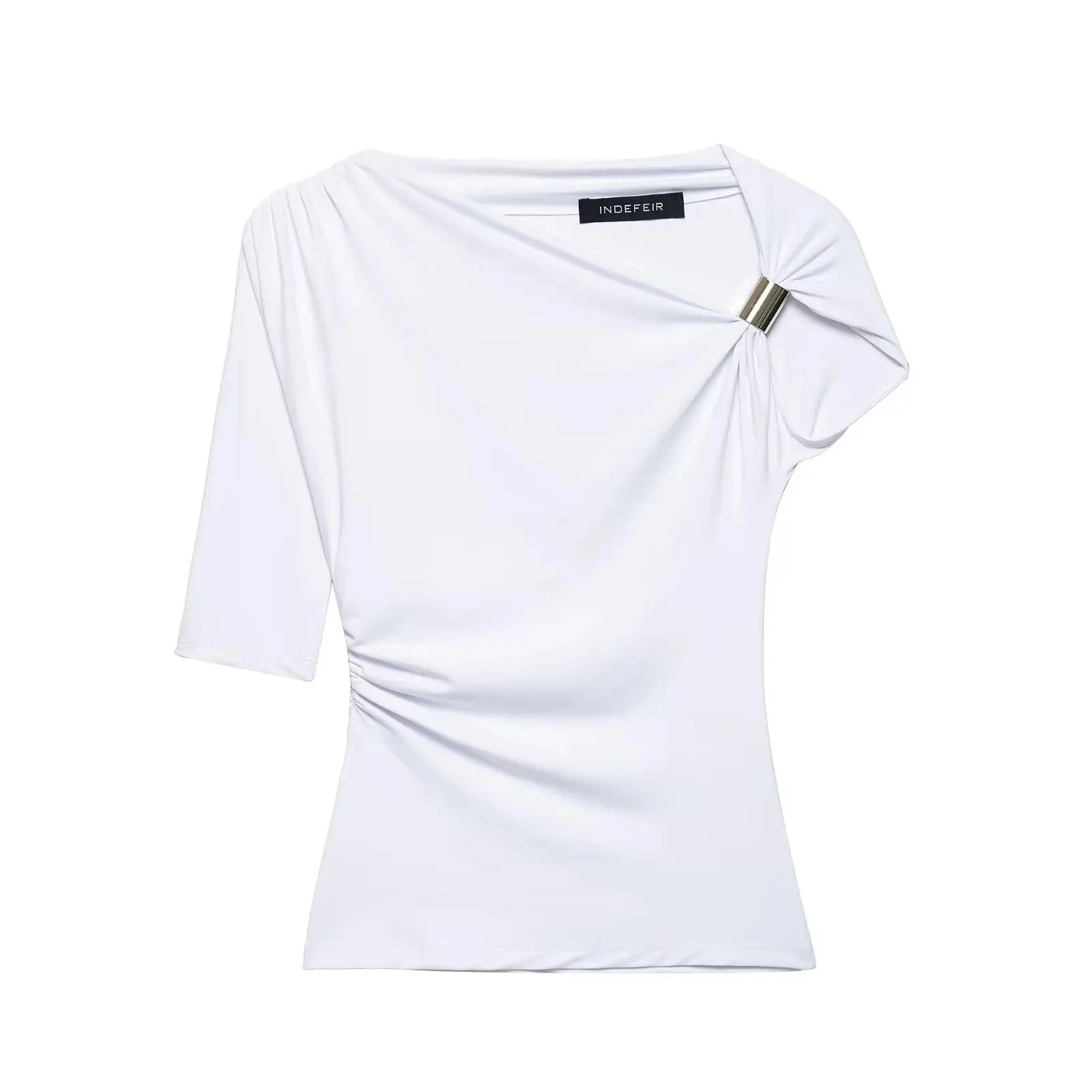 HH 2025, Frühling, Damen, sexy, asymmetrisch, faltig, Weste, schick, schmaler Kragen, One-Shoulder-Damen, schmales T-Shirt, Top, Straßenkleidung – Detail 11