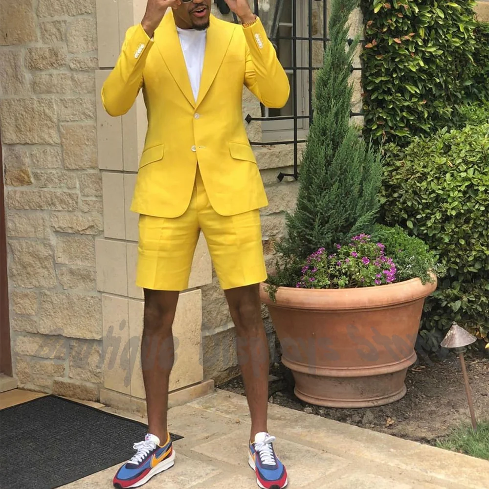 

New Arrival Yellow Men's Suit Classic Single Breasted Peak Lapel Blazer With Short Pants Slim Fit Smart Casual Daily Set Fashion