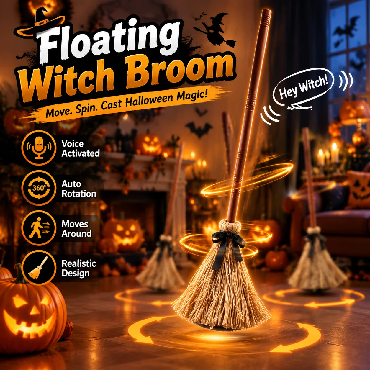 Halloween Animated Floating Witch Broom Sound Activated Dancing Magic Broom Detachable Electric Broom Prop Horror Party Decor