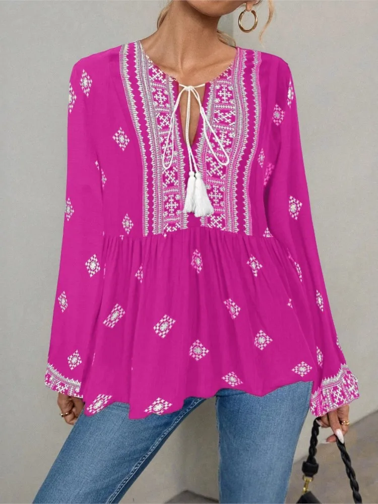 

Fashion Retro Printed Semi-open Collar Tassel Tie Women's Shirt Spring Autumn Casual Loose Lantern Sleeve Female Versatile Tops