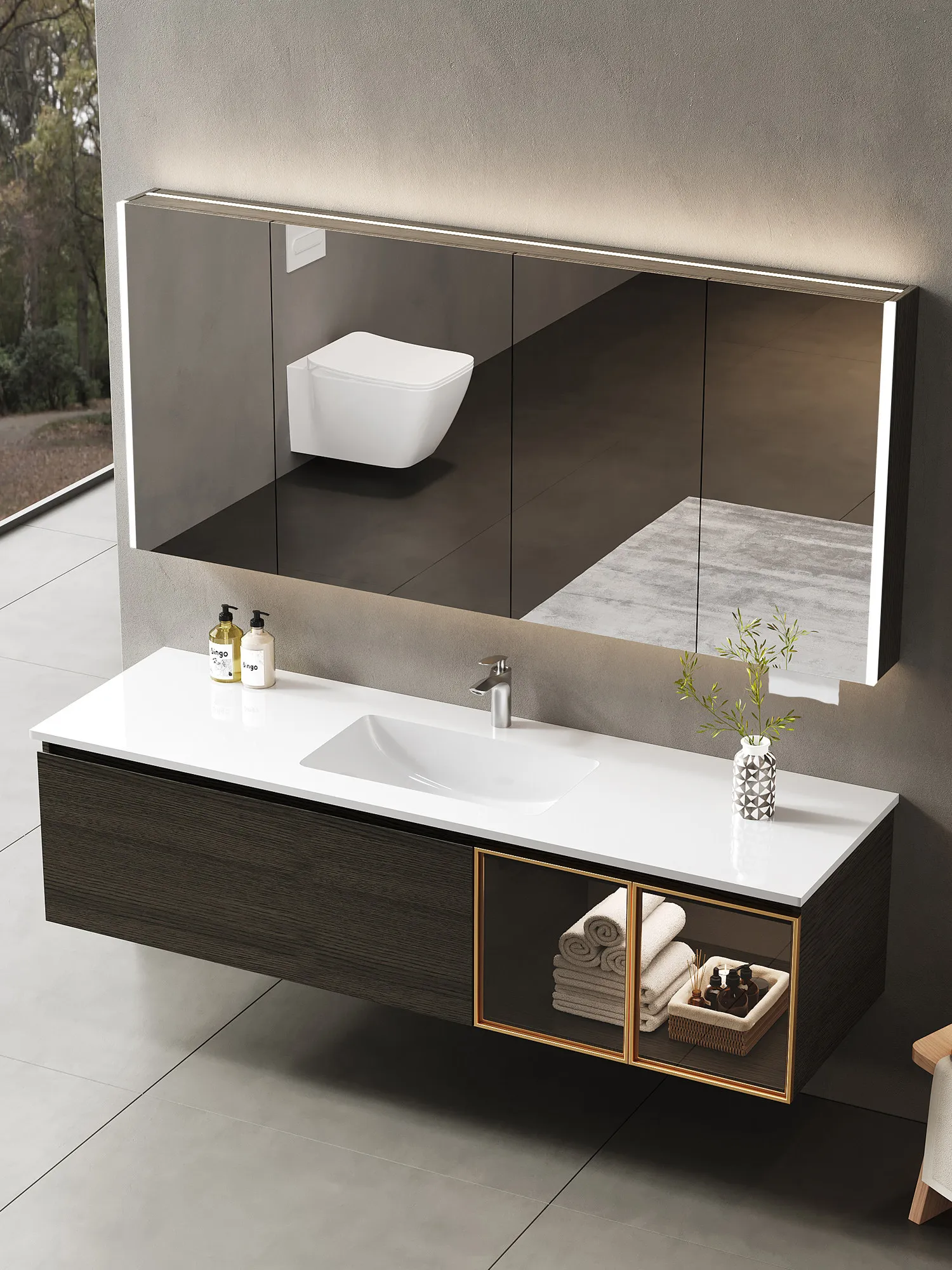 

Light Luxury Hotel Style Bathroom Cabinet, Combination Rock Slab Ceramic Seamless Basin, Toilet Washstand