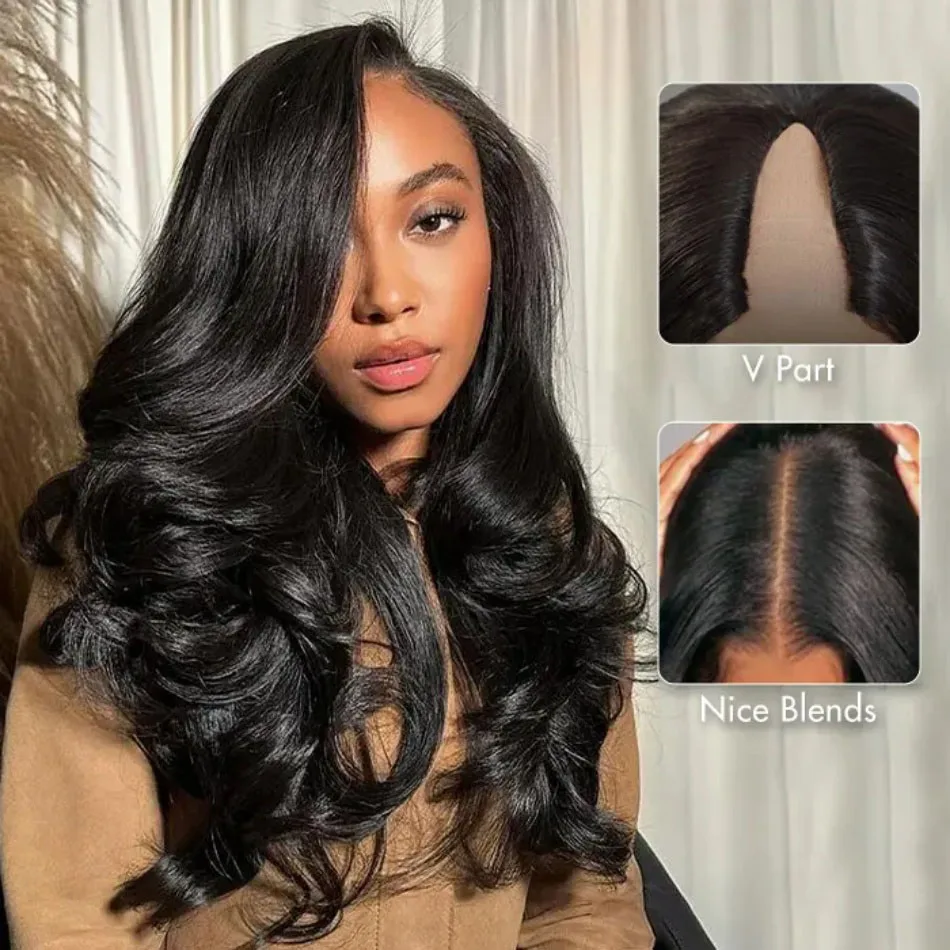 V Part Body Wave Wig Human Hair Brazilian Full Head Clip Natural Black Body Wave Machine Made Upgrade V Shape Clip  For Women 30 Inch Drawstring Half Wigs