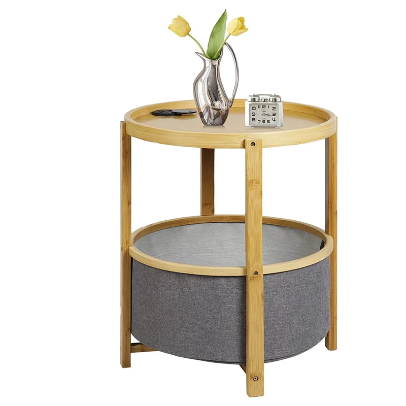 

！@Combohome Modern Style Custom Bamboo Round Coffee Side Table with Storage End Table Nightstand for Home and Office