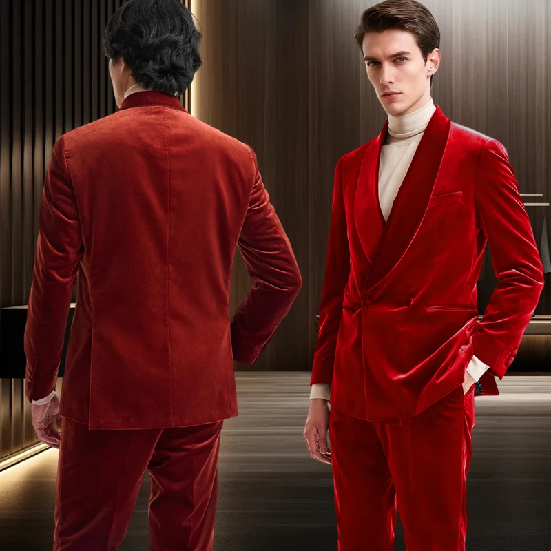 2-Piece Men's Suit Set(Jacket+Pants) Velvet Double Breasted Slim Fit Suit Tailored Business Gntleman For Banquet Groom's
