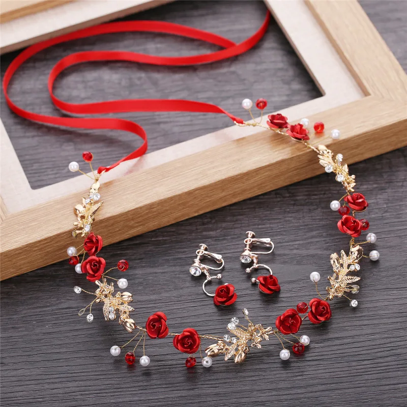 Chinese Hair Accessories Headband For Women Vintage Red Flower Pearl Hairbands Bridal With Earrings Wedding Hanfu Hair Jewelry