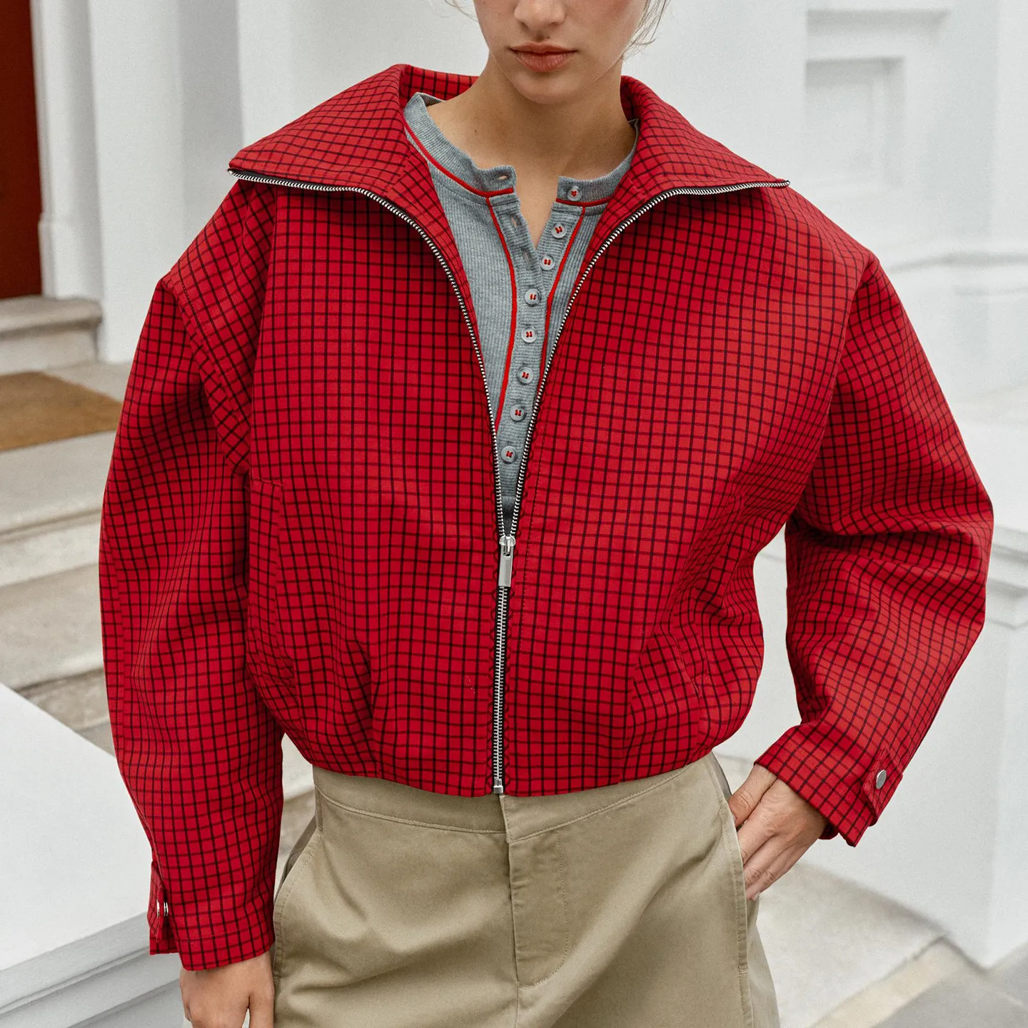 Women's Plaid Pilot Jacket Long Sleeve Stand Collar Autumn Outerwear 2026 New Style ZADATA Standard Fit Other Material 100%