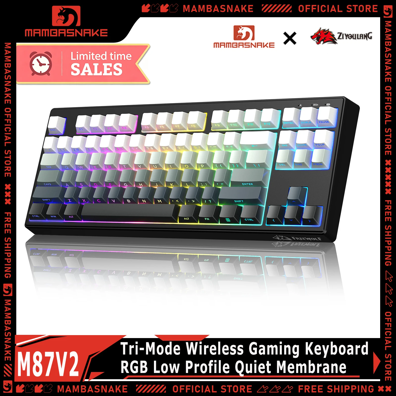 Teclado Gamer Sem Fio ZIYOULANG M87V2 com 87 Teclas, Tri-Modo, Retroiluminação RGB, Perfil Baixo, Digitação Silenciosa, Membrana para PC e MAC