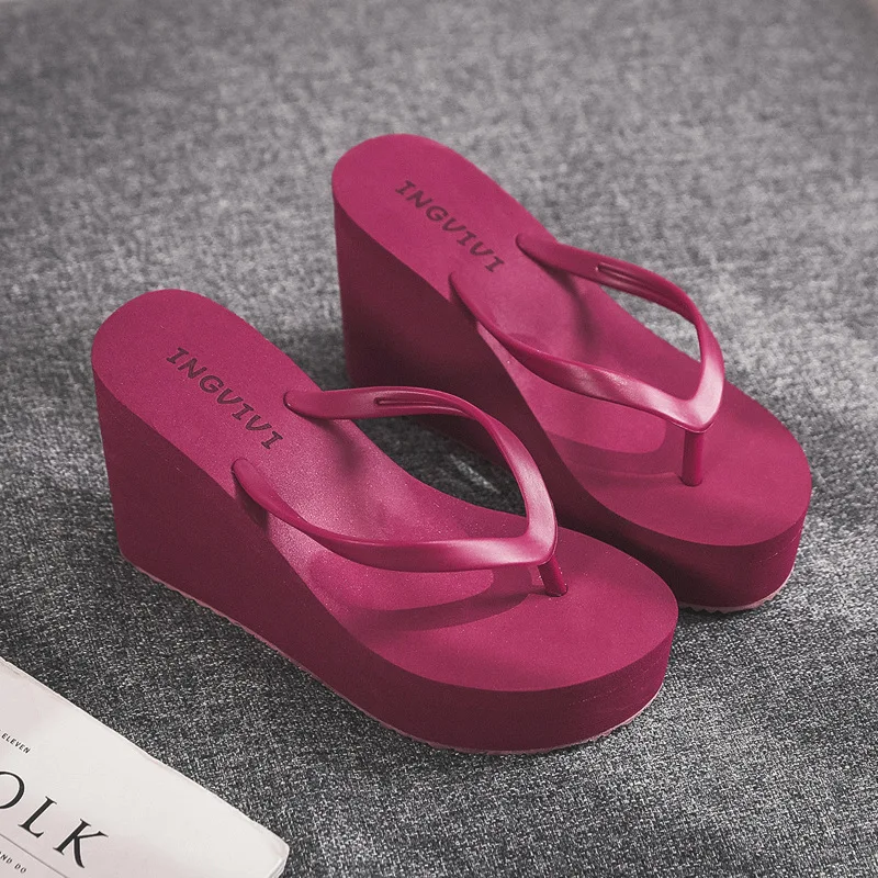 High Heels Slippers Womens 2026 Summer Thick Soled Flip Flops Beach Shoes Wedge Heels Flip Flops Sponge Shoe Candy Colored Shoes