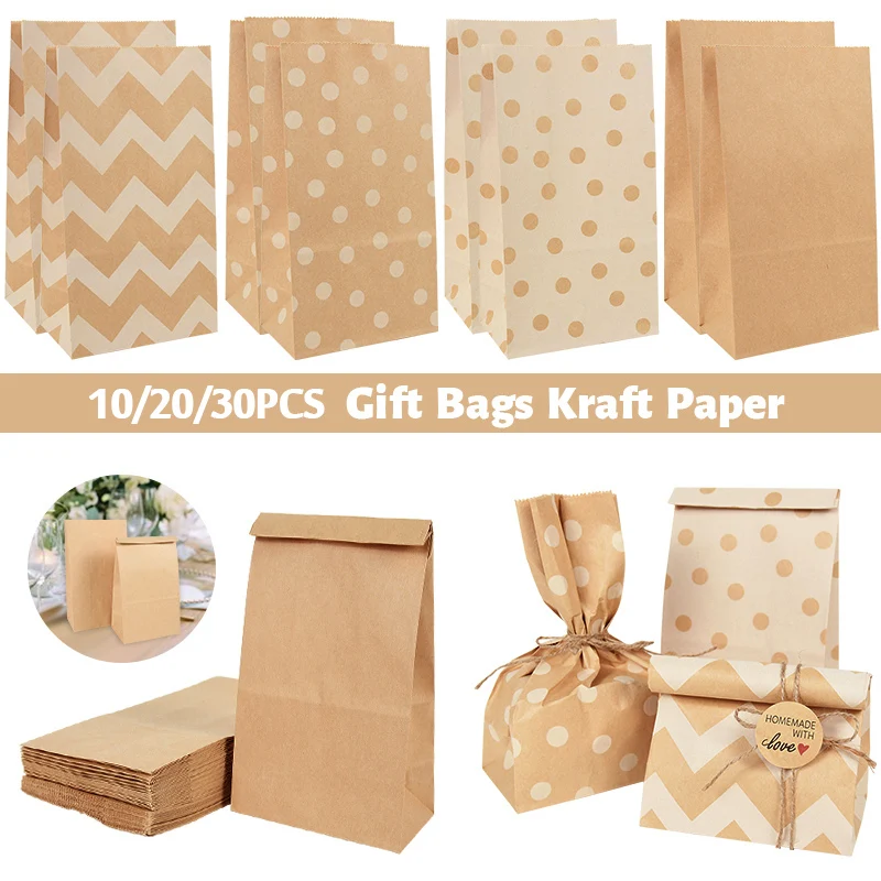 10/20/30Pcs Kraft Paper Gift Bags Candy Cookie Packaging Bags Wedding Birthday Party Decoration Supplies Baby Shower Christmas