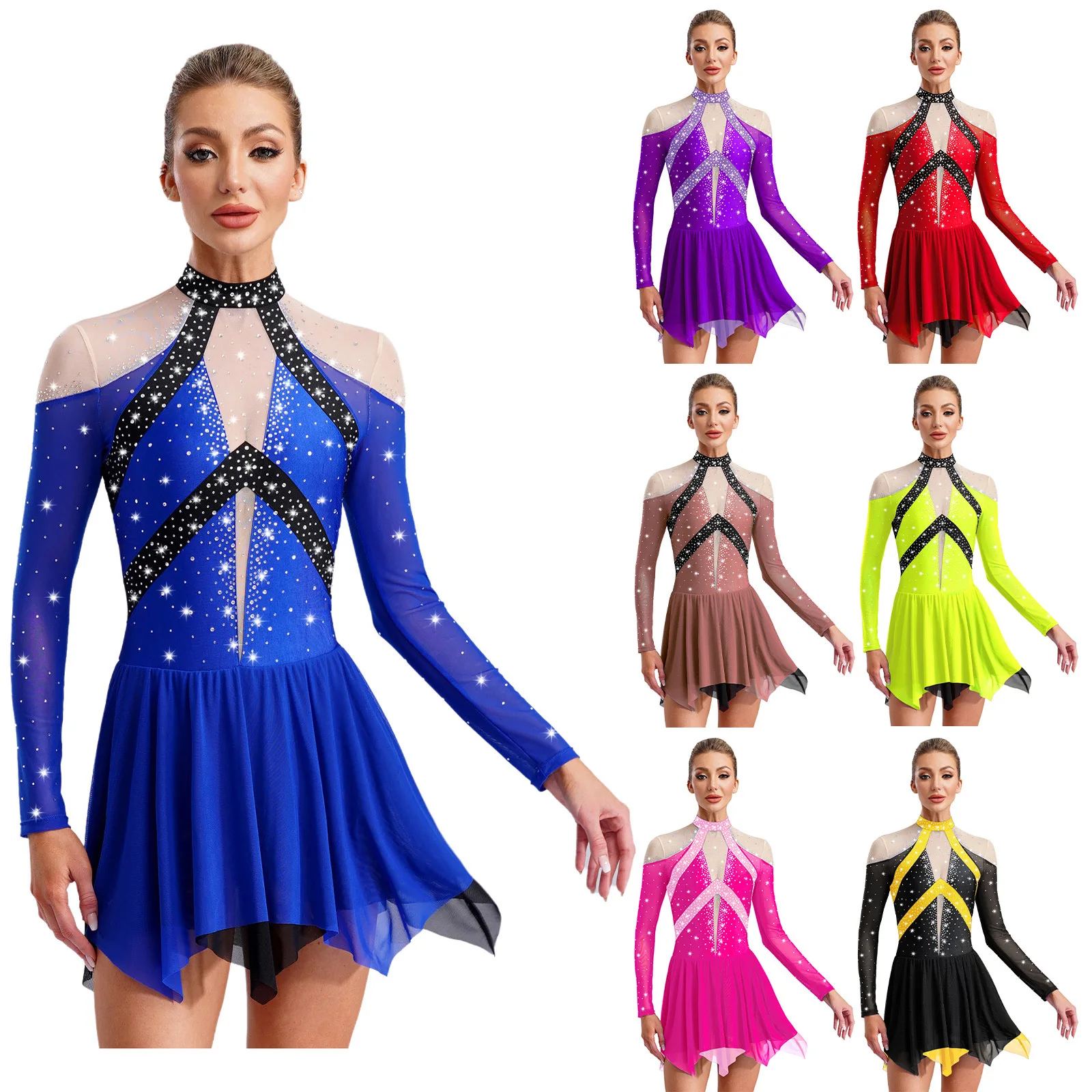 Vestido de balé lírico feminino bloco de cores malha transparente retalhos espumantes strass vestido assimétrico roupa de dança