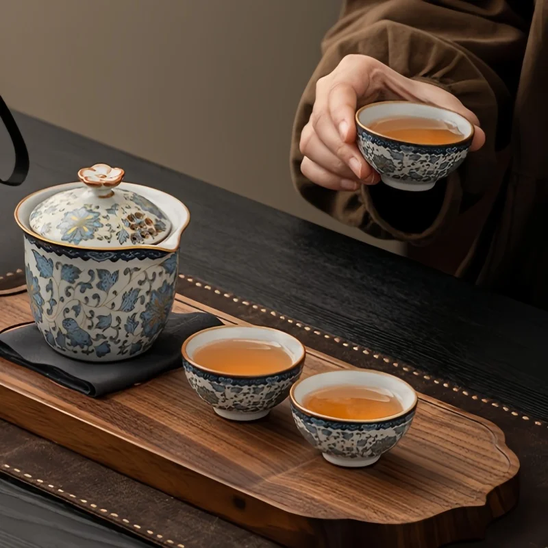 Blue & White Ru Porcelain Travel Tea Set - 1 Teapot 3 Cups, Portable Kung Fu Ceremony Kit with Lotus Pattern & Compact Case