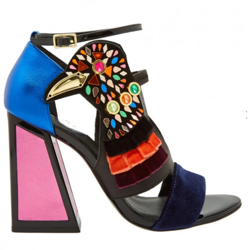 Colorful Rhinestone Bird Open Toe Shaped Heel Sandals Woman Summer 2026 Color Matching Buckle Thick Heel Shoes for Women
