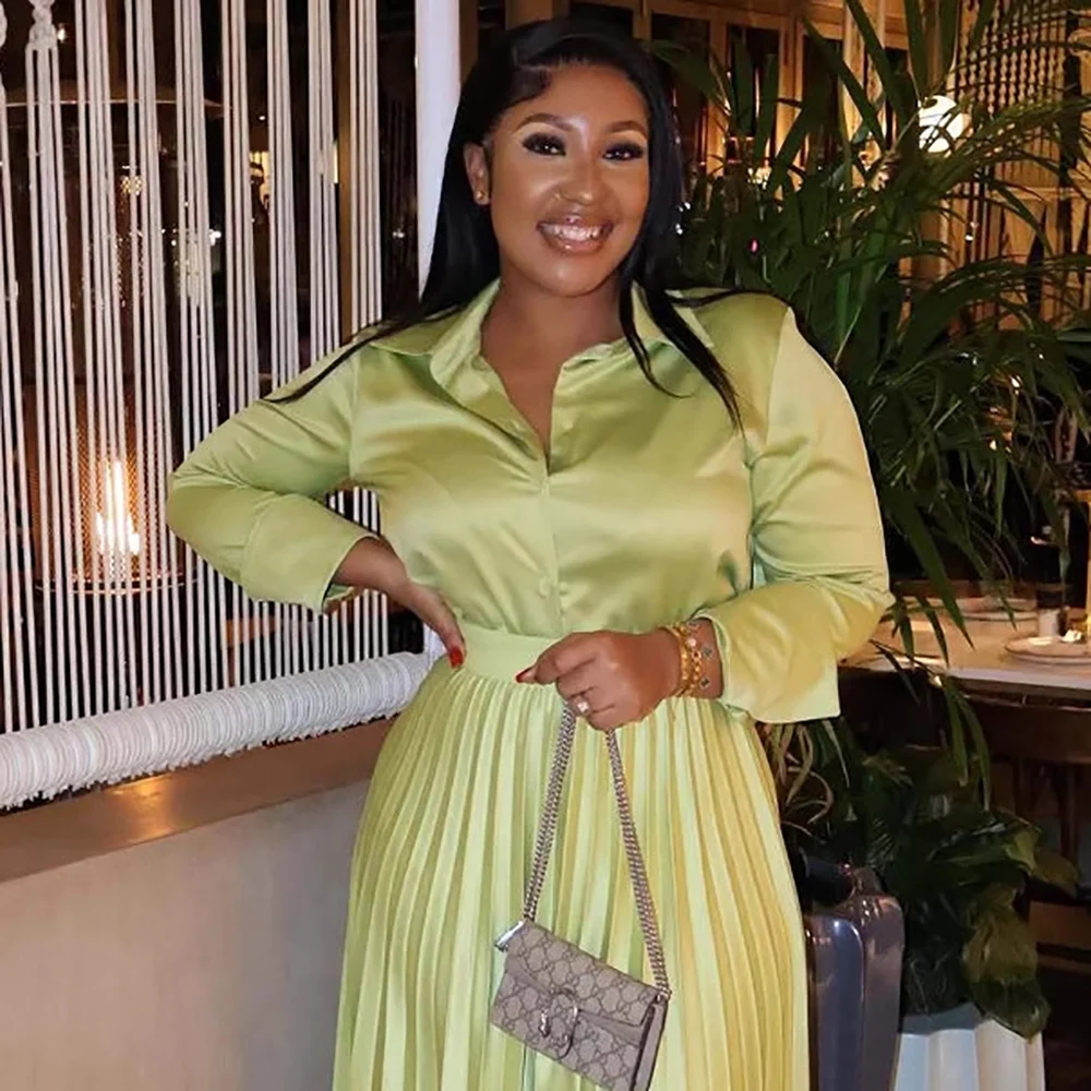 Feminino duas peças conjunto botão até manga longa turn down collar camisa com plissado uma linha saia sólida elegante nobre convidado saia terno