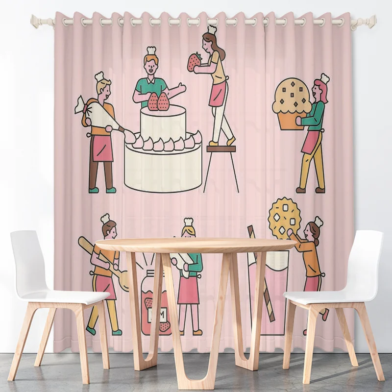 Cute Kids Cartoon Birthday Cakes Custom Curtains Tiramisu Cream Thin Polyester Fabric Kitchen Bedroom Café Decoration with Hooks