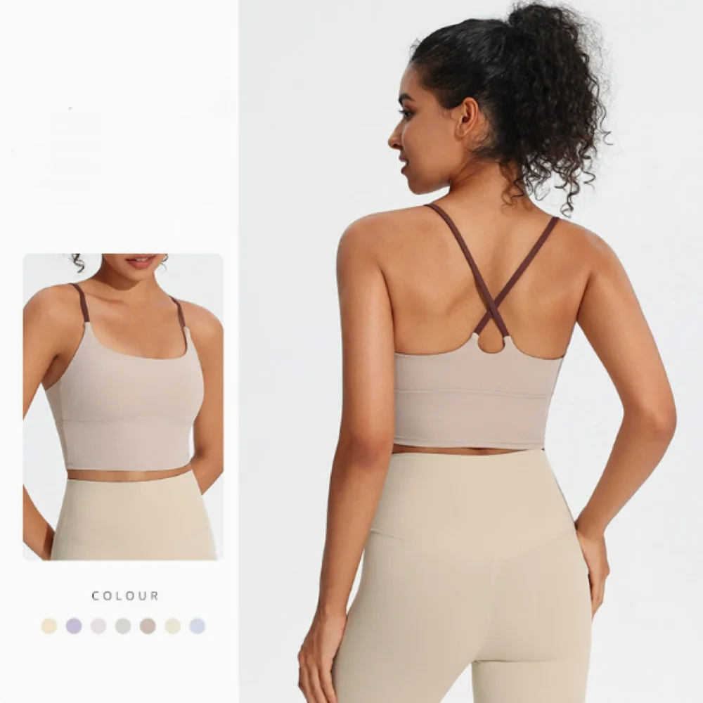 Color Block Sports Bra Criss Cross Cutout Back Seamless Yoga Tank Built-in Pad Women's Naked Feeling Workout Top