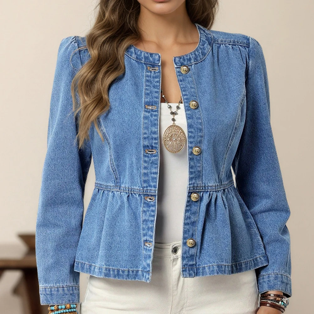 خريف جديد لون نقي الدنيم قميص المرأة عادية تنوعا العلوي جولة الرقبة فقاعة كم أعلى أزياء الإناث ملابس خارجية #1