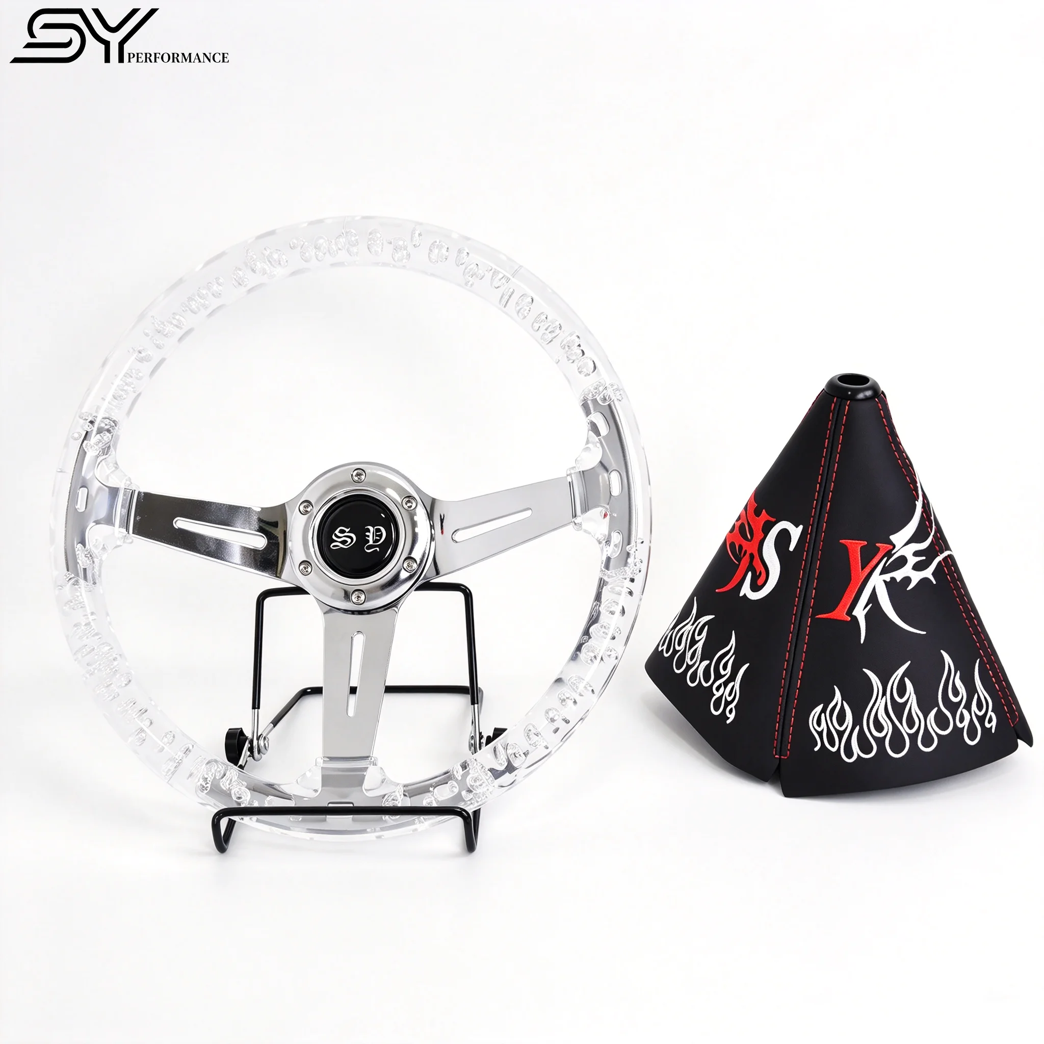 SY Motors Modifies A 14 Inch Acrylic Steering Wheel With A Set Of Red Embroidered Flame Dust Covers For The Interior