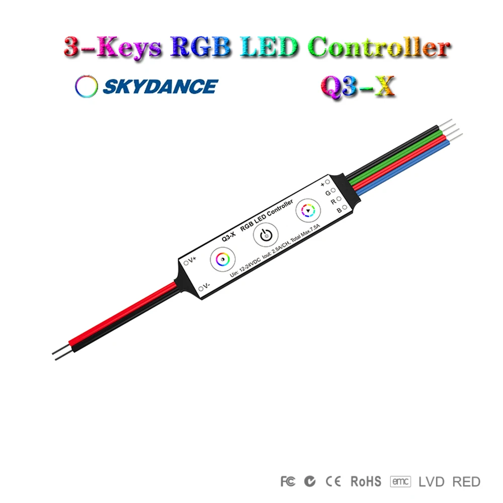 Skydance Q3X DC12-24V Mini Constant Voltage 3-Keys RGB 0% -100% Dimming LED Controller RGB LED Strip Light