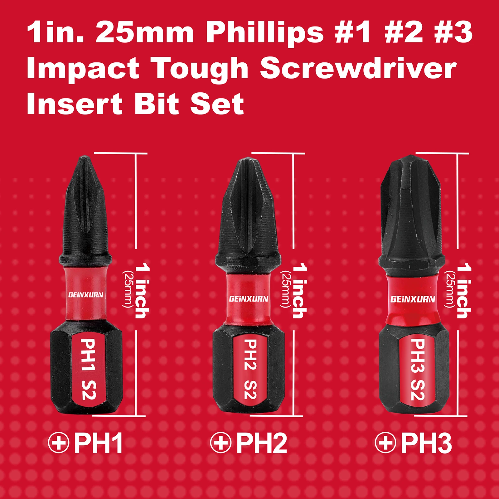 Geinxurn 1 in. Impact Tough #1#2 #3 Phillips Screwdriver Bits Set,S2 Alloy Steel Magnetic Power Bit Set(PH1/PH2/PH3)