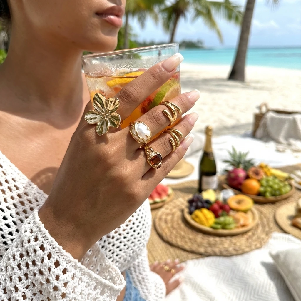 Chunky Gold Color Ring Set for Women Statement Faux Pearl Flower Melted Abstract Geometric Rings Maximalist Stacking Jewelry