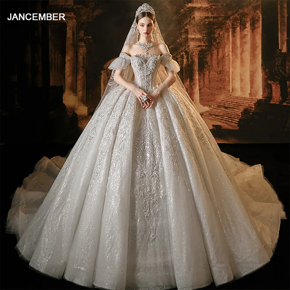 

Jancember Gorgeous Romantic Wedding Dress Sequins Ball Gown O-Neck Short Sleeves Beading Pleat Vestidos De Novia LSMX003