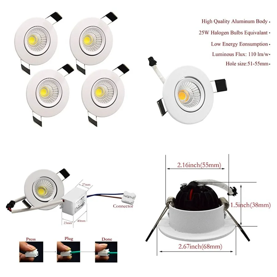 

LED Downlight 110V Dimmable 3WCOB CRI80 LED Spotlight Lamp 2 inch Down Lights Adjustable Recessed Lighting Fixture andTrim Ligh